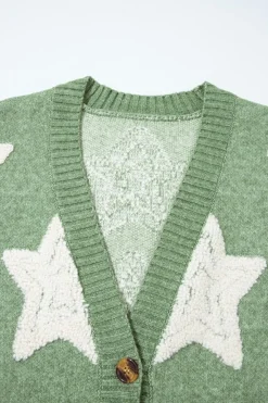 Discount Dear-Lover Sherpa Star Pattern Textured Sweater Cardigan with Pockets Green