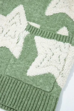 Discount Dear-Lover Sherpa Star Pattern Textured Sweater Cardigan with Pockets Green