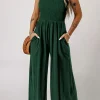 Discount Dear-Lover Smocked Sleeveless Wide Leg Jumpsuit with Pockets Green