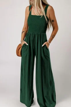 Discount Dear-Lover Smocked Sleeveless Wide Leg Jumpsuit with Pockets Green