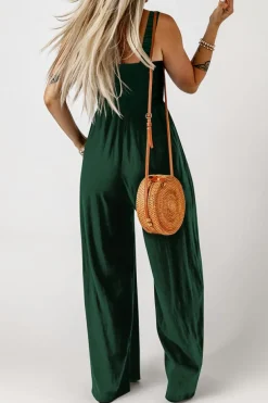 Discount Dear-Lover Smocked Sleeveless Wide Leg Jumpsuit with Pockets Green