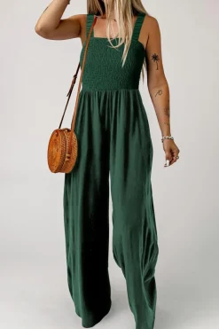 Discount Dear-Lover Smocked Sleeveless Wide Leg Jumpsuit with Pockets Green