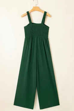 Discount Dear-Lover Smocked Sleeveless Wide Leg Jumpsuit with Pockets Green
