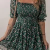 Online Dear-Lover Smocked Square Neck Puff Short Sleeve Floral Dress Green