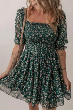 Online Dear-Lover Smocked Square Neck Puff Short Sleeve Floral Dress Green