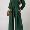 New Dear-Lover Smocked Square Neck Long Sleeve Wide Leg Jumpsuit Green