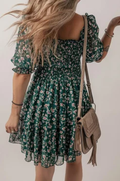 Online Dear-Lover Smocked Square Neck Puff Short Sleeve Floral Dress Green