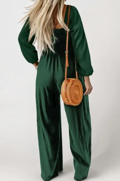 New Dear-Lover Smocked Square Neck Long Sleeve Wide Leg Jumpsuit Green