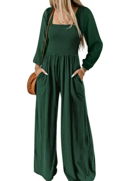 New Dear-Lover Smocked Square Neck Long Sleeve Wide Leg Jumpsuit Green