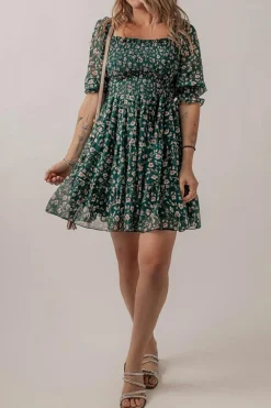Online Dear-Lover Smocked Square Neck Puff Short Sleeve Floral Dress Green