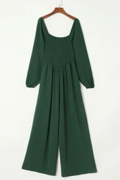 New Dear-Lover Smocked Square Neck Long Sleeve Wide Leg Jumpsuit Green