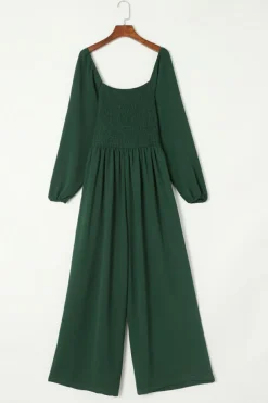 New Dear-Lover Smocked Square Neck Long Sleeve Wide Leg Jumpsuit Green