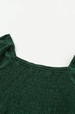 New Dear-Lover Smocked Square Neck Long Sleeve Wide Leg Jumpsuit Green