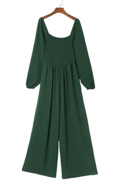 New Dear-Lover Smocked Square Neck Long Sleeve Wide Leg Jumpsuit Green