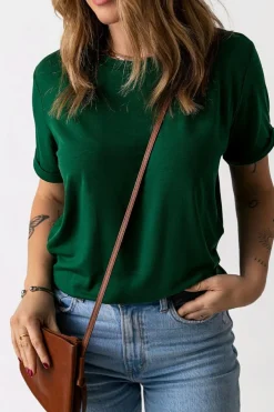 Clearance Dear-Lover Solid Color Crew Neck Tee Green