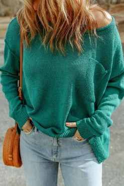 Fashion Dear-Lover Solid Color Off Shoulder Rib Knit Sweater with Pocket Green