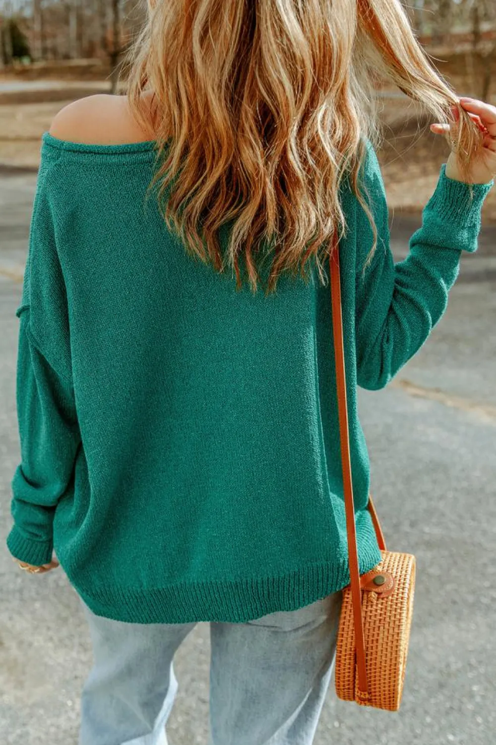 Fashion Dear-Lover Solid Color Off Shoulder Rib Knit Sweater with Pocket Green
