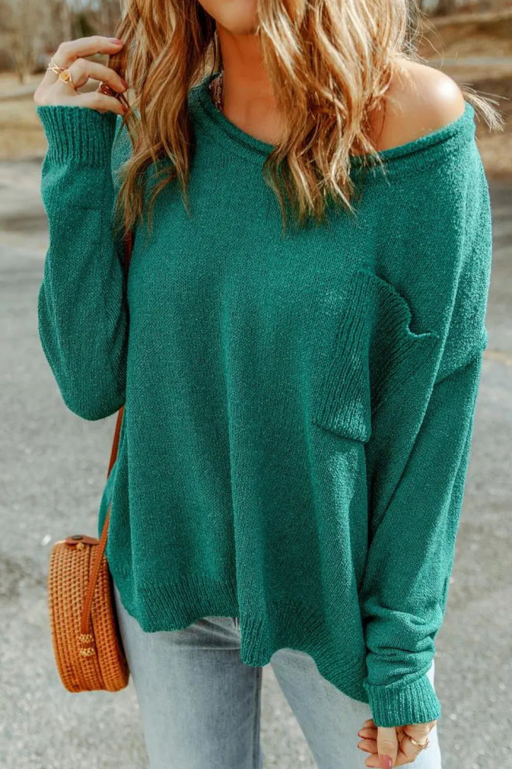Fashion Dear-Lover Solid Color Off Shoulder Rib Knit Sweater with Pocket Green