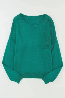 Fashion Dear-Lover Solid Color Off Shoulder Rib Knit Sweater with Pocket Green