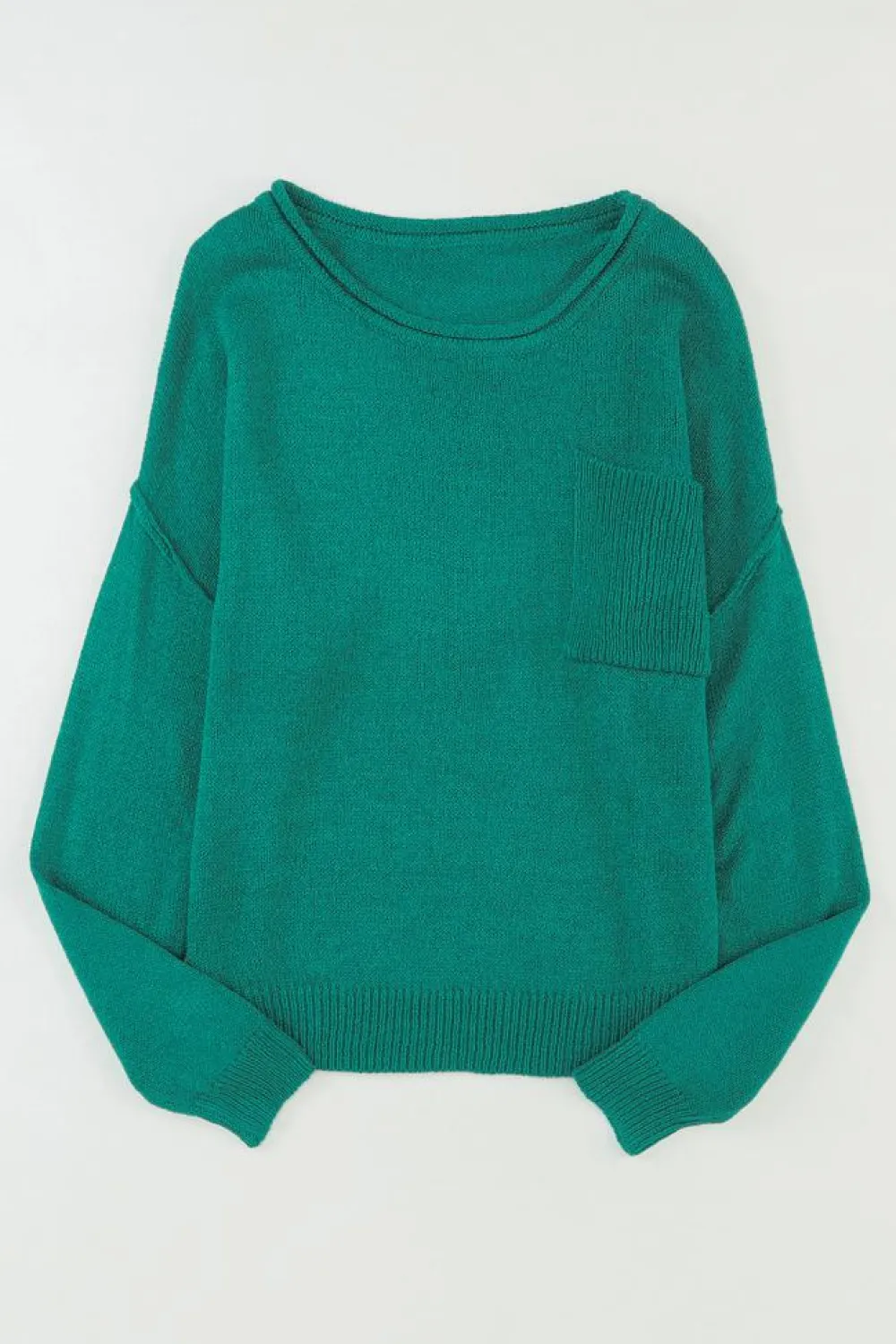 Fashion Dear-Lover Solid Color Off Shoulder Rib Knit Sweater with Pocket Green