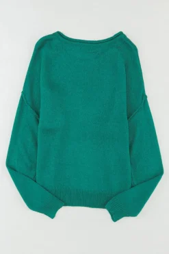Fashion Dear-Lover Solid Color Off Shoulder Rib Knit Sweater with Pocket Green