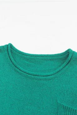 Fashion Dear-Lover Solid Color Off Shoulder Rib Knit Sweater with Pocket Green