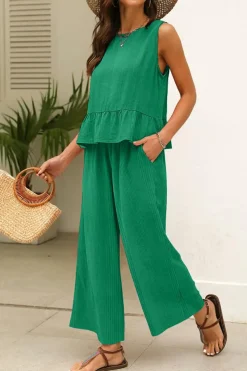 New Dear-Lover Solid Color Ribbed Ruffle Tank Top and Pants Set Green