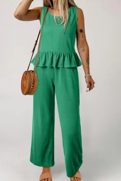New Dear-Lover Solid Color Ribbed Ruffle Tank Top and Pants Set Green