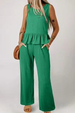 New Dear-Lover Solid Color Ribbed Ruffle Tank Top and Pants Set Green