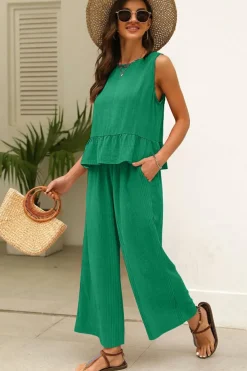 New Dear-Lover Solid Color Ribbed Ruffle Tank Top and Pants Set Green