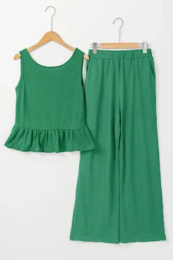 New Dear-Lover Solid Color Ribbed Ruffle Tank Top and Pants Set Green