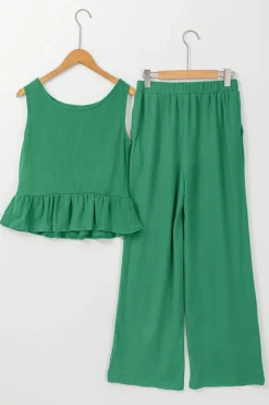 New Dear-Lover Solid Color Ribbed Ruffle Tank Top and Pants Set Green