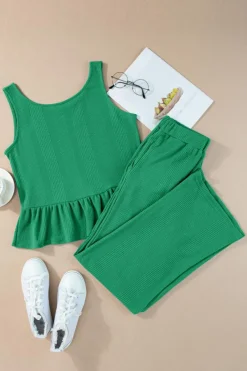 New Dear-Lover Solid Color Ribbed Ruffle Tank Top and Pants Set Green