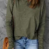 Online Dear-Lover Solid Crew Neck Long Sleeve Top Green