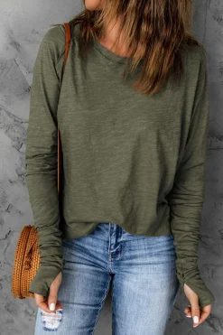 Online Dear-Lover Solid Crew Neck Long Sleeve Top Green