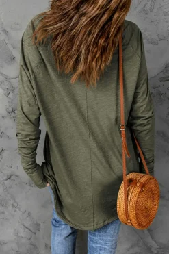 Online Dear-Lover Solid Crew Neck Long Sleeve Top Green