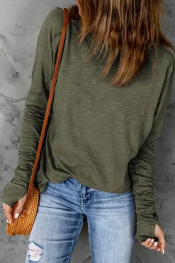 Online Dear-Lover Solid Crew Neck Long Sleeve Top Green