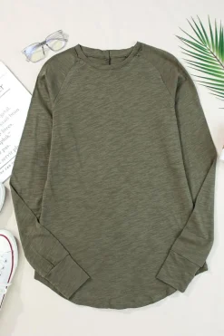 Online Dear-Lover Solid Crew Neck Long Sleeve Top Green