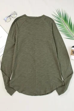 Online Dear-Lover Solid Crew Neck Long Sleeve Top Green