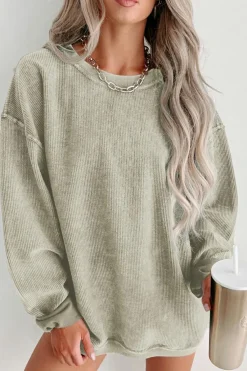 Best Dear-Lover Solid Ribbed Knit Round Neck Pullover Sweatshirt Green