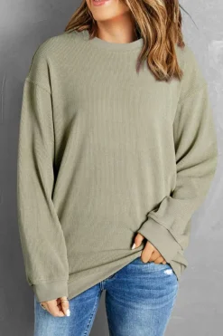 Best Dear-Lover Solid Ribbed Knit Round Neck Pullover Sweatshirt Green