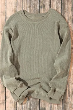 Best Dear-Lover Solid Ribbed Knit Round Neck Pullover Sweatshirt Green