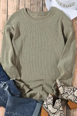 Best Dear-Lover Solid Ribbed Knit Round Neck Pullover Sweatshirt Green