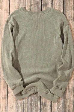 Best Dear-Lover Solid Ribbed Knit Round Neck Pullover Sweatshirt Green