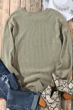 Best Dear-Lover Solid Ribbed Knit Round Neck Pullover Sweatshirt Green