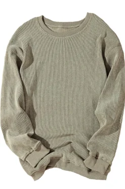 Best Dear-Lover Solid Ribbed Knit Round Neck Pullover Sweatshirt Green