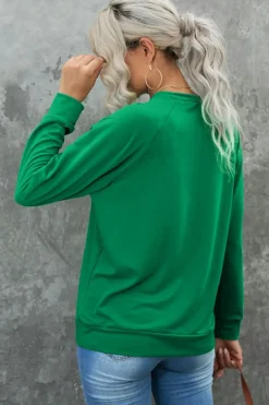 Hot Dear-Lover Solid Round Neck Raglan Sleeve Sweatshirt Green