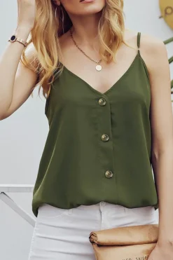 Fashion Dear-Lover Spaghetti Strap Buttoned Tank Top Green