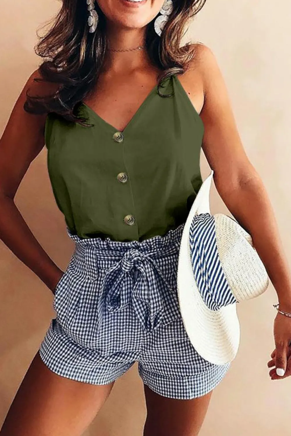 Fashion Dear-Lover Spaghetti Strap Buttoned Tank Top Green