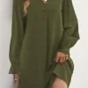 Outlet Dear-Lover Split V Neck Ruffled Sleeves Shirt Dress Green